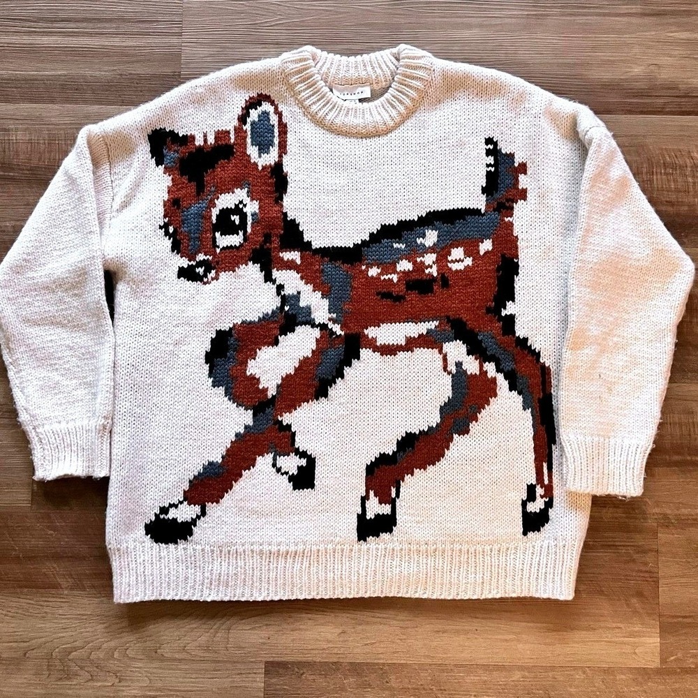 Topshop Sweater Womens 12 Beige Deer Graphic Chunky Knit Crewneck Pullover